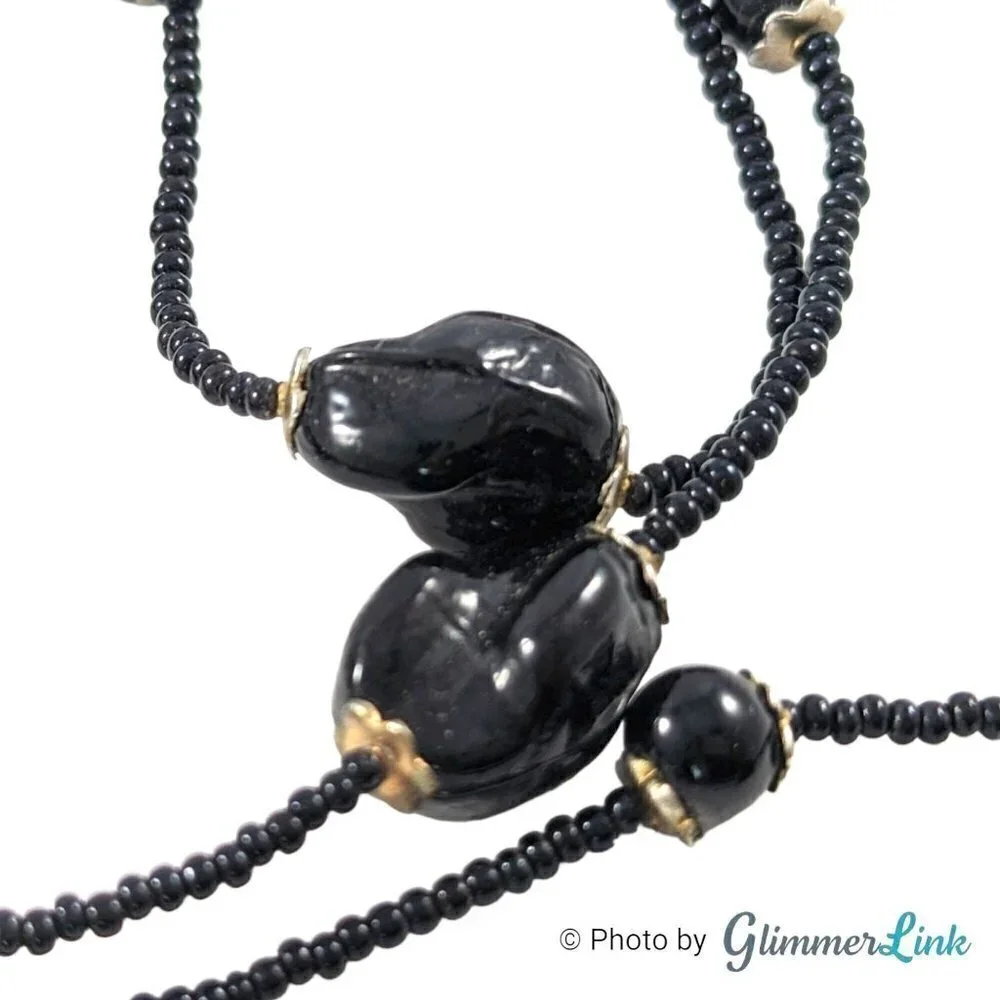 Vintage Long Black Gold Flecked Beaded Bohemian Necklace